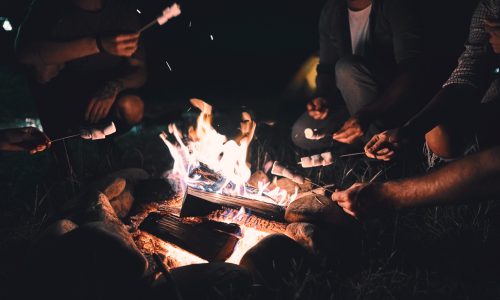 Hands of friends roasting marshmallows over the fire in a grill Hands of friends roasting marshmallows over the fire in a grill. Close up view