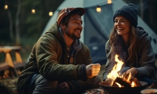 a man and a woman are sitting near a campfire and a tent in nature. having fun. smiling. travel concept. generative ai. a man and a woman are sitting near a campfire and a tent in nature. having fun. smiling. travel concept. generative ai.